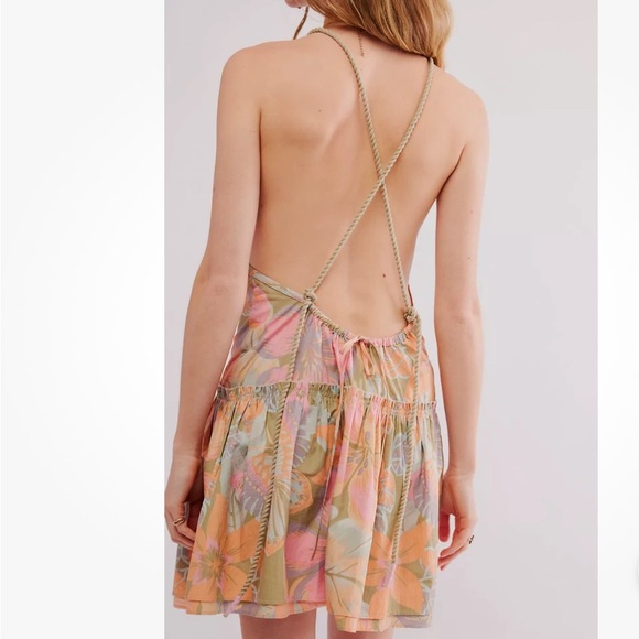 Free People Deserted Island Open Back Mini Dress Size M Rope Strap Boho Beach - Picture 3 of 8
